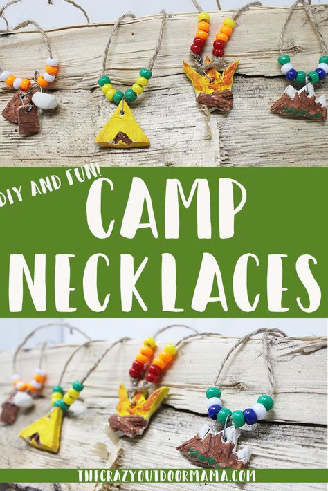 These assorted camping necklaces a fun summer camping craft, perfect for kids of all ages - preschool, middle school and even teens if they're artsy ( I know I REALLY enjoyed making these!)  They are a great way to remember that great family camp trip, or at your next camping party! Choose from a s'more, tent, campfire, mountain or canoe camping necklace and enjoy! Summer camp has never sounded so fun! #camp #campingcraft #thecrazyoutdoormama #camping#summercrafts #kidscamp #outdoorscraft Basswood Crafts, Camping Preschool, Camping Theme Preschool, Camping Crafts For Kids, Camp Games, Summer Camp Themes, Fun Camp, Camping Classroom, Camping Activities For Kids