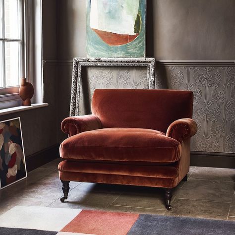 Rust Color Chair, Rust Colour Sofa Living Rooms, Arlo And Jacob Sofa, Velvet Armchair Living Room, Arlo And Jacob, Red Velvet Armchair, Rust Accent Chair, Rust Armchair, Rust Velvet Chair