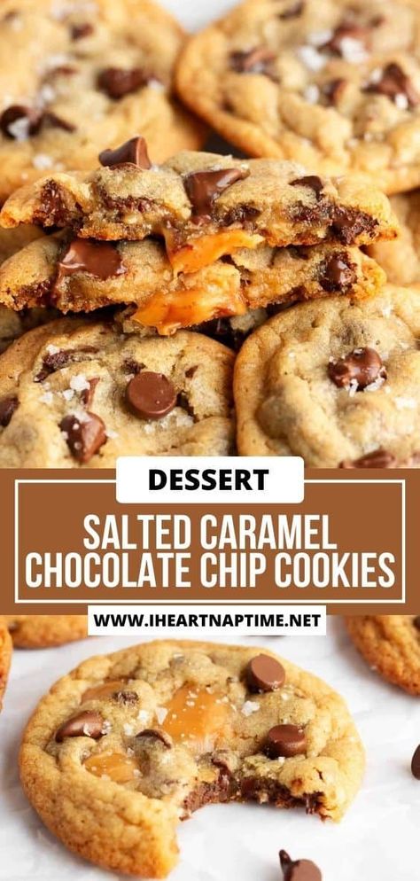 Soft, chewy, and filled with melted caramel, salted caramel chocolate chip cookies are  finished with a sprinkle of sea salt for a sweet and salty combination in every bite! Carmel Chocolate Chip Cookies, Salted Caramel Chocolate Chip Cookies, Melted Caramel, Salted Chocolate Chip Cookies, Salted Caramel Cookies, Caramel Chocolate Chip Cookies, Gooey Cookies, Caramel Desserts, Salted Caramel Chocolate