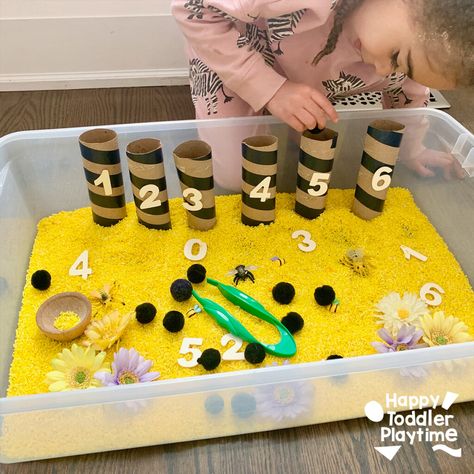 Bumble Bee Eyfs Activities, Honeybee Sensory Bin, Bees Sensory Play, Honey Bee Sensory Bin, Eyfs Bees Activities, Dramatic Play Bee Hive, Bee Sensory Table, Bee Party Activities, Mini Beasts Crafts