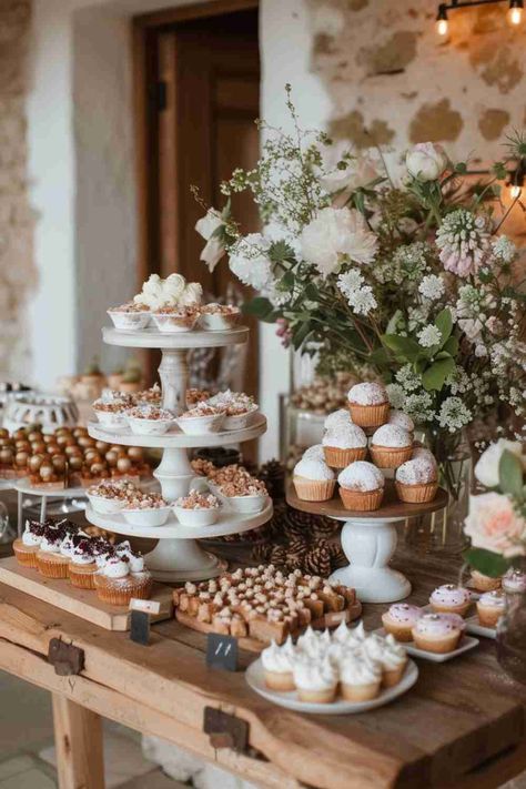 20 Bridal Shower Dessert Table Ideas - HandsomeWedding Wedding Ideas Dessert Tables, Wedding Decor Dessert Table, Bridal Party Dessert Table, Dessert Serving Tray Ideas, His And Her Dessert Table, Desserts Wedding Table, Dessert Table Set Up Wedding, Bridal Shower Cake Table Ideas, Wedding Dessert Bar Ideas Sweet Tables