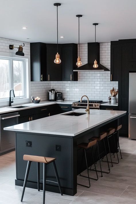 32 Black Kitchen Cabinet Ideas: Depth Without the Dark Black Kitchen Cabinets White Floor, Black Cabinets With White Walls, Light Wood Floors Black Cabinets, Kitchen Renovation Dark Cabinets, Black Cabinets And Black Appliances, Black Kitchen Cabinets With Wood Accents, Black Cabinets Black Appliances, Kitchen With Dark Grey Cabinets, Interior Home Design Ideas Kitchens