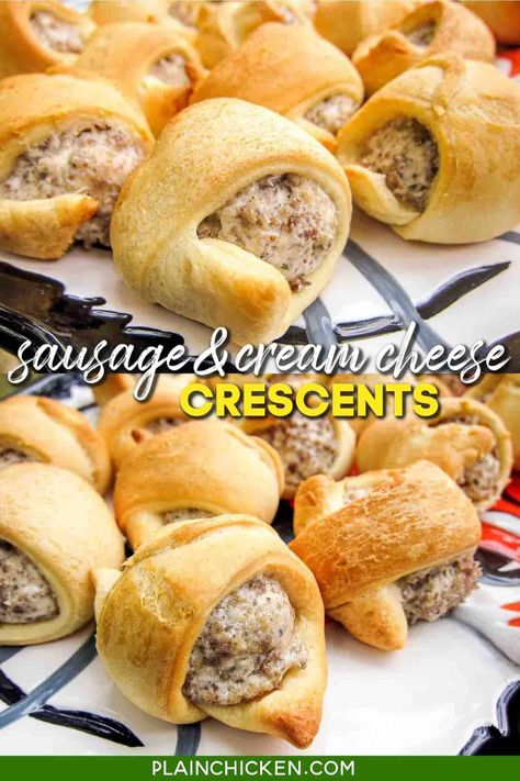 3 Ingredient Crescent Sausage Bites, Sausage With Crescent Rolls, Sausage Cream Cheese Cresant Rolls, Sausage Brunch Ideas, Sausage In Crescent Rolls, Sausage Cream Cheese Bites, Sausage And Cheese Appetizers, Sausage Snack Recipes, Crescent Rolls And Sausage