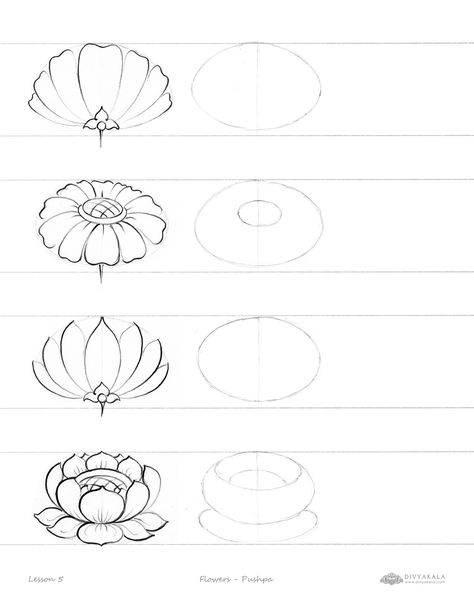 Landscape Tips For Beginners, Lotus Drawing Tutorial, How To Draw A Lily Flower, Lotus Flower Doodle, Things To Draw Step By Step, Lotus Sketch, Hur Man Ritar Blommor, Flowers Step By Step, Art Tut