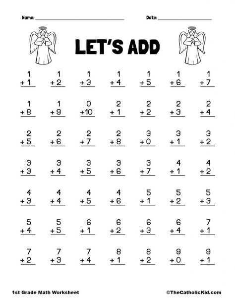 Let's Add - 1st Grade Math Angel Worksheet Catholic Themed Homework Sheets For 1st Grade, Math Equations For 1st Grade, Math Worksheet Class 1st, Math Worksheets 1st Grade Free Printable, Easy Maths Worksheets, 1st Grader Worksheet, Maths For 1st Grade, Math First Grade Worksheets Free, Grade 1 Maths Activities