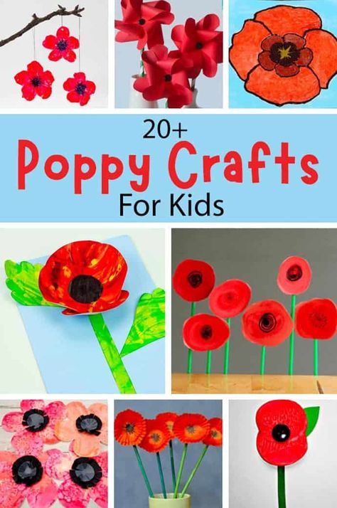 Enjoy 20+ gorgeous poppy crafts for kids of all ages. Great for summer, Remembrance Sunday and Memorial Day. #kidscraftroom Remembrance Crafts For Toddlers, Poppy Craft For Preschoolers, Preschool Poppy Craft, How To Make A Poppy Flower, Toddler Remembrance Day Craft, Remembrance Sunday Crafts, Remembrance Day Art For Toddlers, Remembrance Day Preschool Activities, Poppy Activities For Kids