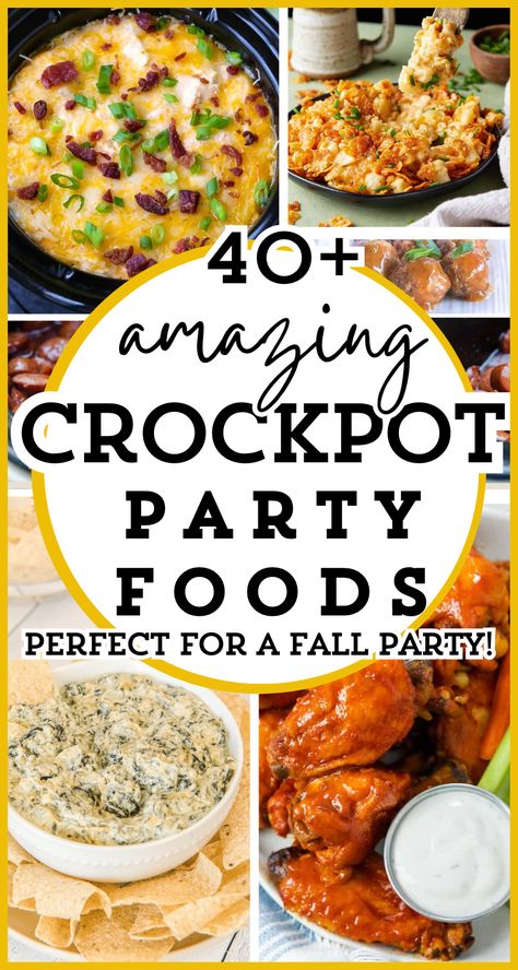 Need slow cooker party food ideas for your Christmas or holiday party? Check out these 40 Crockpot party foods! These easy Crockpot snacks are the best slow cooker appetizers that are guaranteed crowd pleasers! Any party will be enhanced with your choice of easy finger food appetizers! These easy party foods are ideal if you're the host or a guest - Crockpot dishes make like easier for party food appetizers. Slow cooker apps are a dream! Great ideas for game day or fall parties! Holiday Party Food Ideas Crockpot, Savory Snack For Party, Snack For Party Finger Food, Football Party Crockpot Food, Fall Crowd Pleasers, Football Themed Christmas Party, Party Side Dishes Crockpot, Easy Potluck Food Ideas, Crockpot Party Ideas