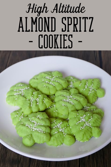 If I had to pick only one cookie to make at the holidays, it would be my Almond Spritz Cookies. I have made these every Christmas that I can remember. They are relatively easy to make, and the almond flavor stands out among other Christmas cookies. They also store really well and this recipe makes a lot of cookies! #almondcookies #spritzcookies #christmascookies #cookierecipe #recipe #spritzcookierecipe #mtnsidebakery #highaltitude #highaltituderecipe Almond Spritz Cookies, Cream Cheese Spritz Cookies, Cookie Press Recipes, Peppermint Patty Recipe, Spritz Cookie Recipe, High Altitude Baking, Christmas Cookie Recipe, Ginger Bread Cookies Recipe, Recipes Cookies