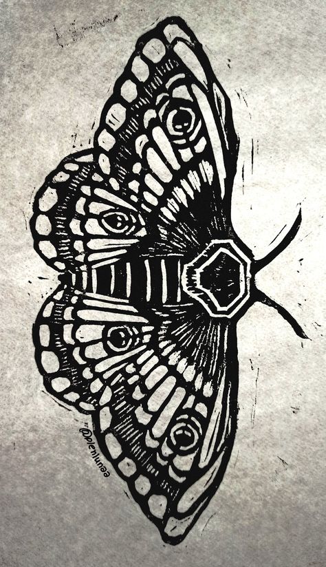 Ink Butterfly Drawing, Print Making Drawing, Bugs Black And White, Simple Aesthetic Illustration, Insects Drawing Easy, Etching Ideas Prints, Luna Moth Linocut, Print Press Art, Moth Wing Design