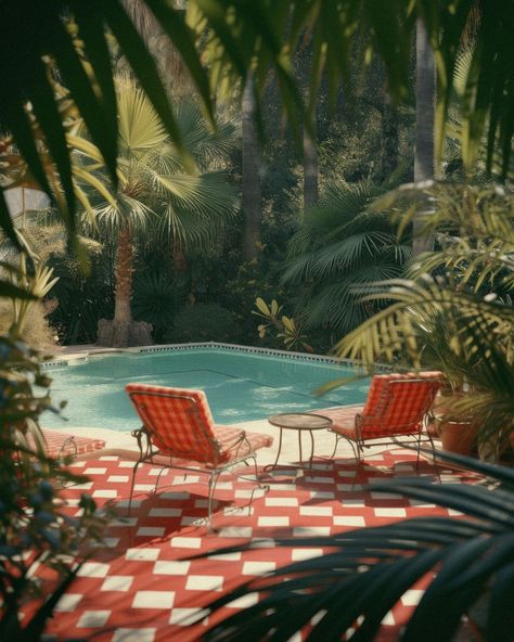 Tropical 70s Aesthetic, 70s Outdoor Aesthetic, Retro Tropical Aesthetic, Vintage Pool Aesthetic, Vintage Tropical Aesthetic, Tropic Aesthetic, Retro Backyard, Vintage Balcony, Palm Springs Backyard