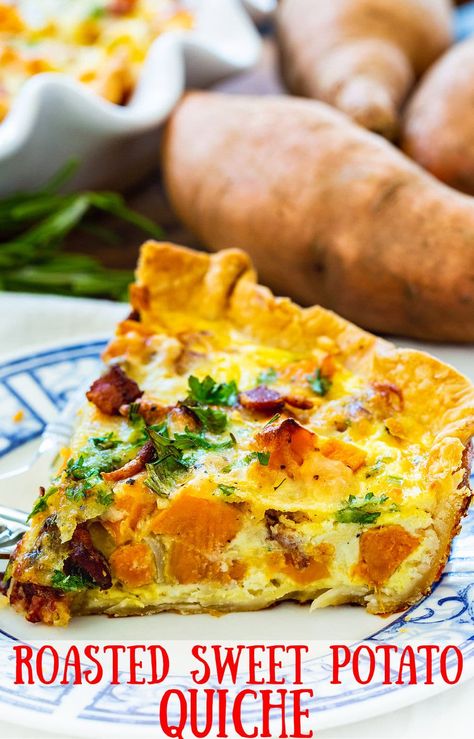 Roasted Sweet Potato Quiche Autumn Harvest Quiche, Quiche Recipes Sweet Potato, Fall Quiche Ideas, Sweet Potato Pot Pie, Sweet Potato Quiche Recipes, Quail Egg Quiche, Roasted Vegetable Quiche, Sweet Potato Main Dish, Fall Quiche Recipes