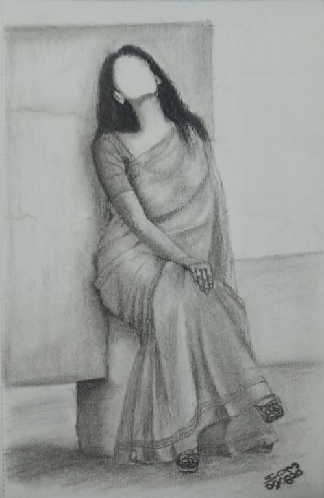 Saree Drawing Sketches Pencil, Saree Pencil Sketch, How To Draw Saree Sketch, Girl Art Drawing, Feminine Sketch Art, Drawing Illustrations Sketches, Best Pencil Sketches, Sketch For Drawing, Saree Drawing Sketches