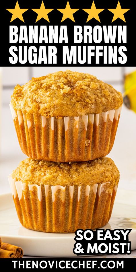 These cinnamon spiced brown sugar banana muffins are extra moist with a caramelized brown sugar crunchy topping! Made in one-bowl in just 25 minutes, this easy banana muffin recipe is my favorite way to use up over-ripe bananas. Quick Banana Muffins, Easy Banana Muffin, Moist Banana Muffin Recipe, Banana Yogurt Muffins, Brown Sugar Muffins, Best Banana Muffin Recipe, Muffin Top Recipes, Banana Bread Muffins Easy, Banana Muffin Recipe Easy