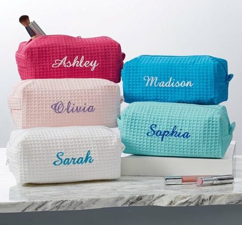 20 Personalized Gifts to Order Now! - Between Carpools Unique School Supplies, Robe And Slippers, Pink Makeup Bag, Make Up Bags, Kids School Supplies, Personalized Makeup Bags, Travel Makeup Bag, Christmas Monogram, Stationery Storage