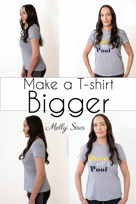 How To Make A Shirt Bigger: Video & Tutorial for a T-shirt - Melly Sews Making A Shirt Bigger, Tshirt Too Small Refashion, How To Make A T Shirt Bigger, Make Shirt Bigger, How To Make A Tshirt Bigger, How To Make A Shirt Bigger, T Shirt Alterations Diy, Too Small Tshirt Refashion, Tshirt Sleeve Refashion