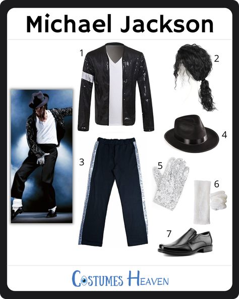 Michael Jackson Costume Try out the Michael Jackson costume and show your admiration for one of the greatest pop singers. This outfit is rather iconic, and you are sure to be recognized no matter where you wear it. #michaeljacksoncostume #michaeljackson #halloweencostume #costumesheaven #costumeguide #cosplayguide #costume Michael Jackson Iconic Looks, Michael Jackson Dress Up, Micheal Jackson Halloween Costumes, Michael Jackson Outfit Ideas, Micheal Jackson Inspired Outfit, Iconic Singer Outfits, Michael Jackson Costume Ideas, Kids Michael Jackson Costume, Michael Jackson Costume Women