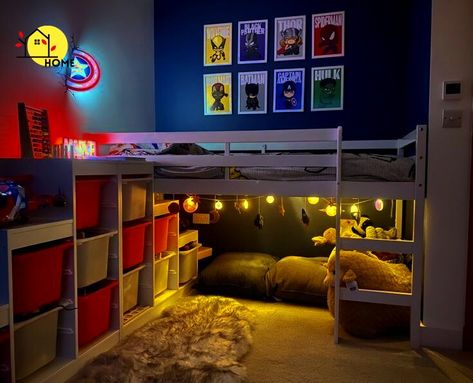 Superhero Modern Bedroom, Boys Activity Table, Small Superhero Bedroom, Marvel Bedroom Paint Wall Colors, Loft Bedroom Boys, Modern Marvel Bedroom, Marvel Bed Room, Marvel Inspired Bedroom, Superhero Themed Bedroom