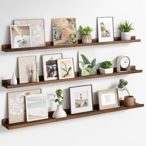 PRICES MAY VARY. Picture Ledge Shelf-Do you have many memorable pictures but don't have enough wall space to display them? The Axeman picture shelf is the perfect solution! Our floating shelves provide a centralized display of many photos without taking up a lot of wall space Multifunctional Floating Shelves-Our floating shelves for wall with special baffle design allow you to safely exhibit your collectibles and photos but no worries about slipping off! Wall shelves with 3 different depths stor Styling Hanging Shelves, How To Style A Picture Ledge Living Room, Floating Shelves For Picture Frames, Floating Shelves Living Room Behind Sofa, Picture Frames On Floating Shelves, Over Mirror Decor, Best Floating Shelves, Small Ledge Decor, Decorations For Floating Shelves