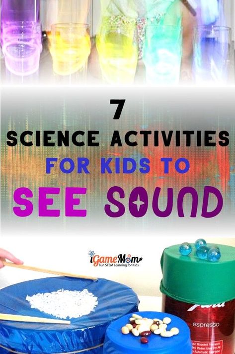 Sound Science Experiments for Five Senses Science Class Kids love: STEM activities to SEE the sound and to feel the sound, to learn sound wave concept and science study skills. Science activities for school, home, and homeschool. Sense of hearing lesson of the five senses unit. #ScienceForKids #iGameMomSTEM #STEMforKids #FiveSenses #ScienceActivities #ScienceClass #STEMactivities #5senses #STEMeducation Sound Experiments, Senses Preschool, Sound Science, Science Experiments For Kids, Senses Activities, Experiments For Kids, Kid Experiments, Five Senses, Science Activities For Kids