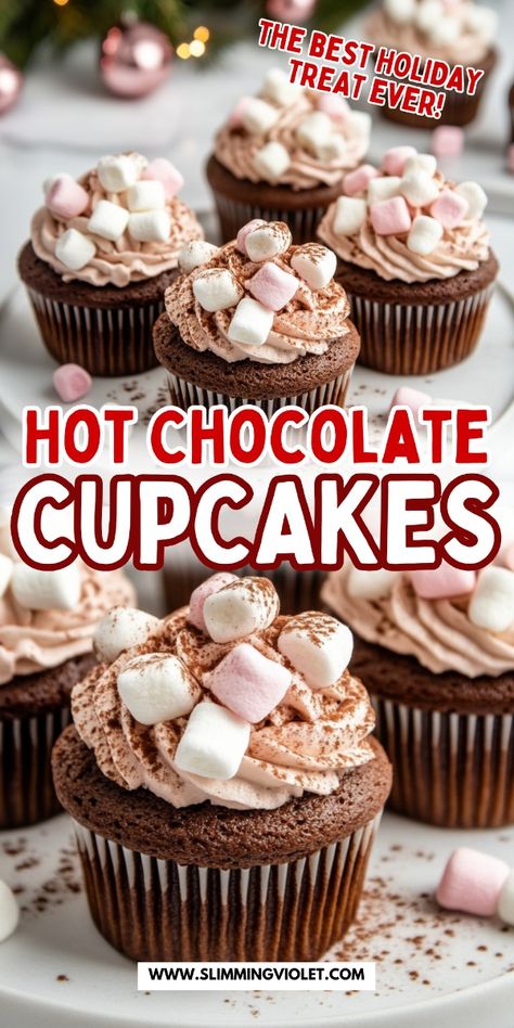 Treat yourself to hot chocolate cupcakes, a rich and decadent dessert that’s perfect for winter. These chocolatey cupcakes come topped with marshmallow frosting, delivering the comforting flavors of hot cocoa in every bite. They’re easy to make and guaranteed to be a crowd-pleaser at your holiday parties. Save this pin and check out the recipe for a cupcake that’s both festive and delicious! Hot Chocolate Cup Cookies, Cupcake Combo Ideas, Christmas Bakery Desserts, Easy Dessert Muffins, Hot Cocoa Buttercream, Christmas Party Food Sweets, Dessert Recipes Christmas Easy, Cupcake Recipes For Christmas, Desserts For Potlucks