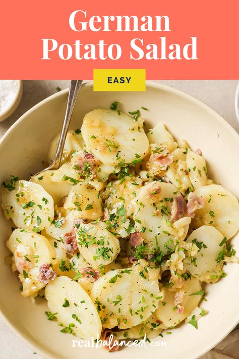 This German Potato Salad is great for hearty, comforting dishes. Popular in the Midwest, especially at potlucks and family gatherings, it features tender potatoes, crispy bacon, and a tangy dressing. Ready in under an hour, it's served warm with a vinegar-based dressing instead of a cold mayo-based potato salad. Just boil the potatoes, cook the bacon, and toss with apple cider vinegar, mustard, and bacon drippings. Perfect for dinner or a family barbecue. Leftovers keep well for days. Potato Salad Vinegar Based, Vinegar Based Potato Salad, Cauliflower Potatoes Salad, German Potato Salad Recipe, Potatoes Crispy, Food Authentic, Warm Potato Salads, Potatoe Salad, Fresh Corn Salad