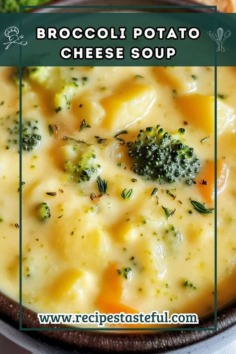 A creamy and comforting Broccoli Potato Cheese Soup, packed with flavors from sharp cheddar cheese and fresh vegetables. Perfect for chilly nights! Cheddar Broccoli Potato Soup, Broccoli Potato Cheese Soup, Potato Cheese Soup, Potato Cheddar Soup, Broccoli Potato Soup, Broccoli Potato, Cheddar Potatoes, Potato Cheese, Cheddar Cheese Soup