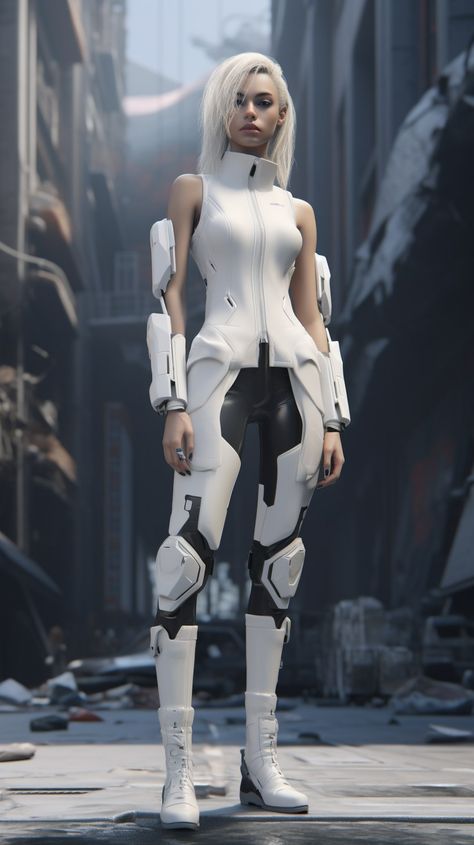 Halloween Costumes Cyberpunk, Anime Scifi Outfit, Techwear Illustration, White Warrior Outfit, Robotic Outfit, Futuristic Cyberpunk Fashion, Sci Fi Outfits Female, Android Outfit, Android Costume