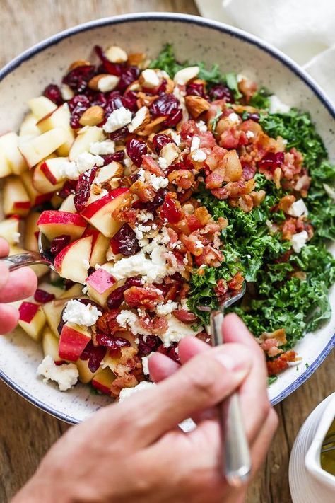 | Pinned to Loveleaf Co. Bacon Kale, Salad Kale, Kale Salad Recipes, Macaroni Salad Recipe, Apple Cranberry, Eating Food, Idee Pasto Sano, Kale Salad, Cucumber Salad