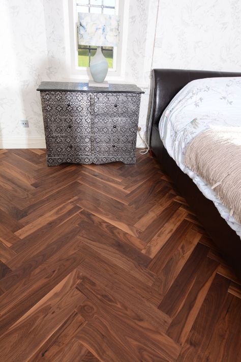 Beautiful American Black Walnut Herringbone Flooring Black Walnut Floors, Walnut Parquet Flooring, Walnut Herringbone Floor, Walnut Floor Bedroom, Wood Flooring Living Room, Flooring Herringbone, Black Walnut Flooring, Walnut Flooring, Herringbone Flooring