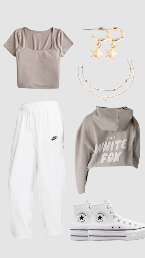 Cute outfit ❤️ #aesthetic #cleangirl #vanillagirl #neutrals Neutral Preppy Outfit, Clean Girl Astethic Outfit, That Girl Clothes, White Fox Outfits, Popular Girl Outfits, Basic Girl Aesthetic, Vanilla Clothes, Basic White Girl Outfit, Sweatpant Outfits