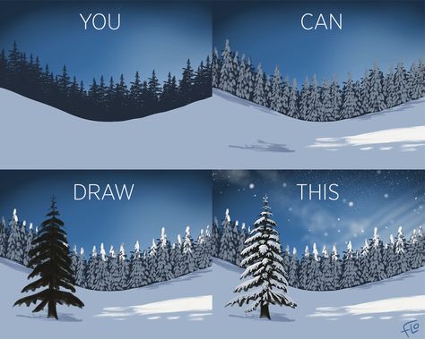 You Can Draw This Winter Landscape in Procreate following my easy to follow, fully narrated video tutorial. Snow Drawing Tutorial, Procreate Winter Drawing, Winter Landscape Drawing Easy, How To Draw Landscape Digital, Winter Art Reference, Snow Drawing Easy, Snow Drawing Winter, Digital Art Scenery, Procreate 101