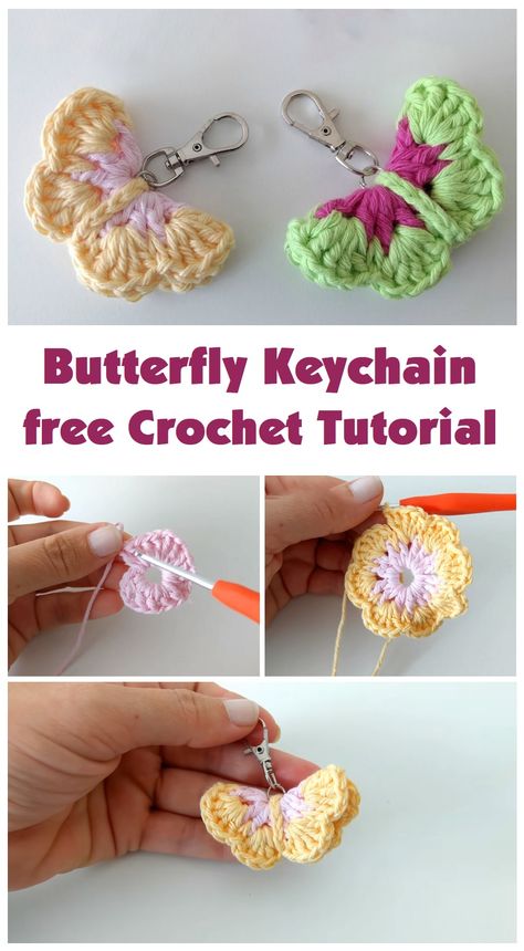 Crochet Butterfly Keychain - Design Peak Crochet Butterfly Keychain, Crochet Keyring Free Pattern, Crochet Keychains, Butterfly Keychain, Crochet Keychain Pattern, Crochet Motif Patterns, Gifts Mom, Pola Amigurumi, Crochet Wedding