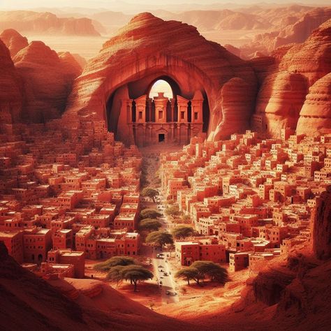 Desert Fantasy Art Cities, Dessert City Fantasy Art, Desert Dnd Art, Fantasy Canyon City, Dnd Desert Town, Dnd Desert City, Fantasy Desert Kingdom, Fantasy Desert Town, Desert Fantasy City