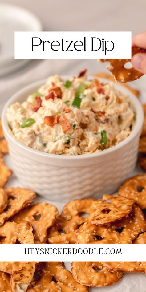 With bacon, cheddar cheese, and cream cheese mixed in, this Pretzel Dip recipe is a perfect one to make for an appetizer to share with a crowd and I bet there won't be any leftovers! Favorite Finger Foods, Dips With Bacon, Tailgate Sides Dishes, Cream Cheese Pretzel Dip, Pretzel Dips, Appetizer Foods, Pretzel Dip Recipes, Cocktail Snacks, Pool Snacks