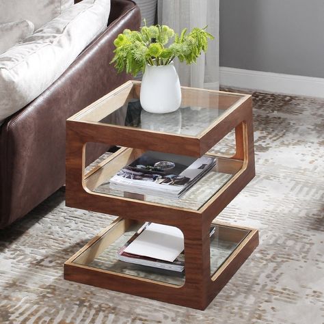 Modern Unique Square Side Table Storage End Table with Shelf 3-Tier Tempered Glass Walnut Veneer Side Tables Sofa, Side Tables In Living Room Modern, Living Room Side Table Decor Ideas, Square Side Table Decor Living Room, Side Table Design Living Rooms, Side Table Design Bedroom, Sofa Side Table Decor, Office Table Design Modern Unique, Sofa Side Table Design