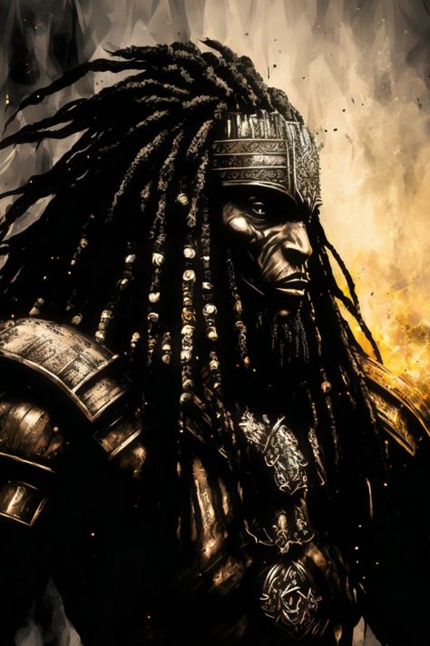 african warrior with dreads and warrior amour Black Warrior Tattoo, Black Warrior Tattoo For Men, Black Power Tattoo Men, African Gods, African Warrior Tattoo For Men, African King, African Warrior Art, Black King Art, Black Warrior