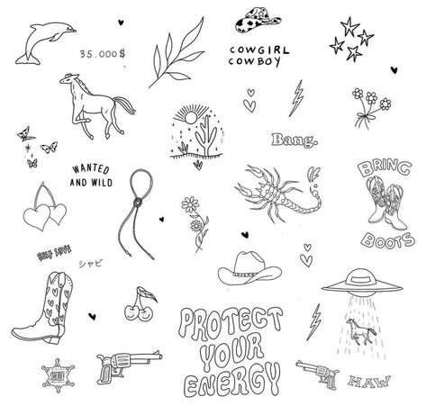 Country Tiny Tattoo, Western Flash Art Tattoo, Small Tattoo Sheet Ideas, Country Minimalist Tattoo, Tiny Punchy Tattoos, Finger Tattoo Designs Ideas, Cute Small Country Tattoos, Yeehaw Finger Tattoo, Patchwork Tattoo Ideas Country