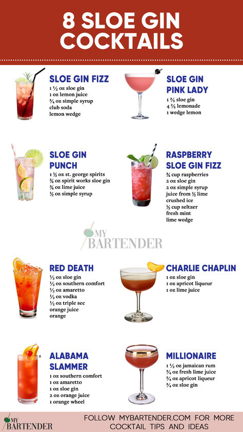 Sloe Gin Cocktails Gin Recipes Cocktails, Gin Lemon Cocktail, Gin Cocktails Easy, Sloe Gin Recipe, Sloe Gin Cocktails, Sloe Gin Fizz, Gin Drink Recipes, Best Gin Cocktails, Bartender Drinks Recipes