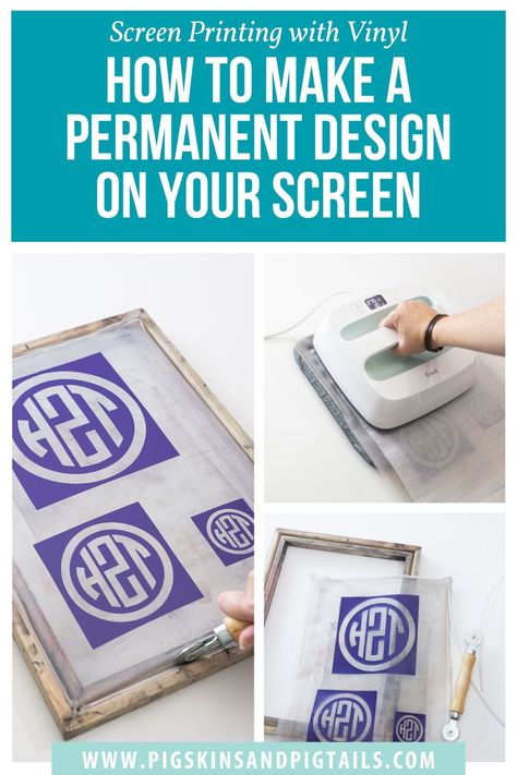 Make a permanent screen printing stencil using your Cricut or Silhouette and HTV. Learn how to screen print with vinyl. Stencil For Screen Printing, Screen Print With Vinyl, Screen Print With Cricut, Diy Screen Printing Frame, Diy Screen Printing Press, How To Screen Print, Screen Print Ideas, Screen Printing Hacks, Silkscreen Printing Ideas