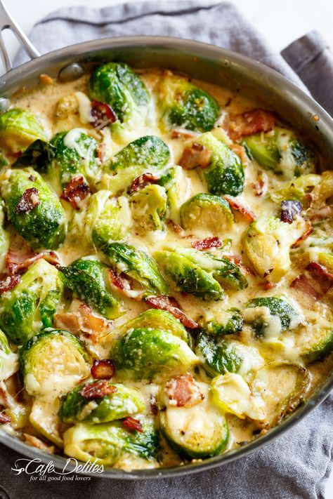 Parmesan Brussels Sprouts, Sprouts And Bacon, Cafe Delites, Bacon Brussel Sprouts, Sprouts With Bacon, Sprout Recipes, Brussels Sprouts Recipe, Veggie Side Dishes, Creamy Garlic