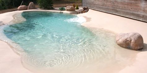 Instead of installing traditional pools for some backyard fun in the sun, people are creating their own sandy beaches! Sand Pool Ideas, Beach Entrance Pool Designs, Sand Pools Backyard, Faux Beach Backyard, Pool Beach Ideas, Diy Beach Backyard, Small Beach Entry Pool, Sand Pool Backyard, Beach Pools Backyard