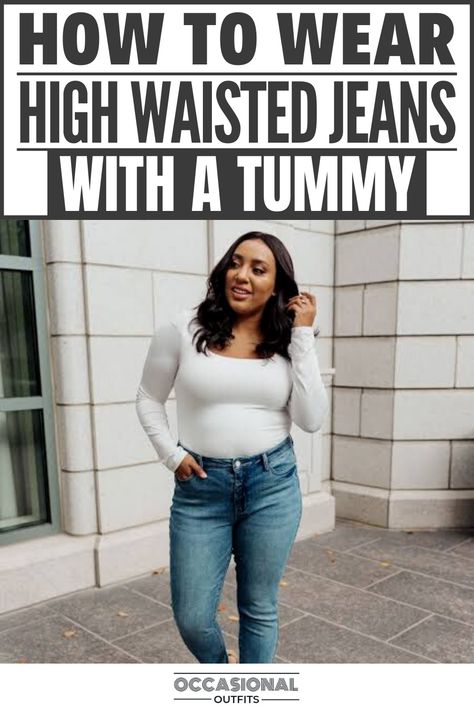 Girl wearing a high waisted jeans with a tummy High Waisted Outfits Plus Size, Plus Mom Jeans Outfit, Bell Bottom Jeans Outfit Midsize, Cute Plus Size Jeans Outfits, Styling Mom Jeans Plus Size, Tops For High Waisted Jeans, Best Midsize Jeans, Thick Belly Outfits, Best Jeans For Mom Pooch