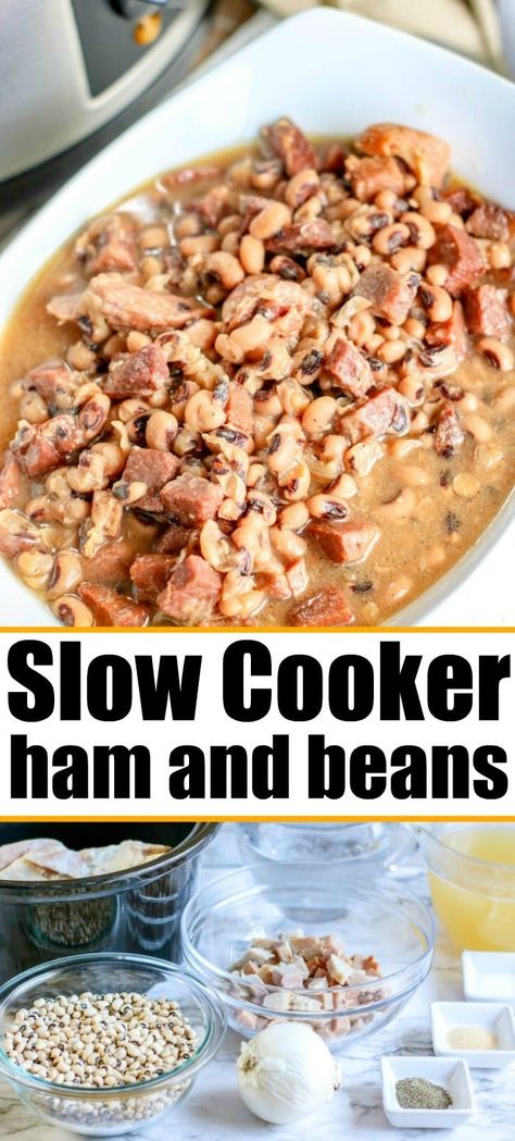 Crockpot black eyed peas recipe using leftover ham or a ham hock. Homemade tender peas and meat served as a soup or a hearty meal with a side of bread. #crockpotrecipeseasy #crockpotrecipes #blackeyedpeas #blackeyedpeasandham #slowcookerrecipes Easter Crockpot, Black Eyed Peas Recipe Crock Pot, Crockpot Ham And Beans, Ham And Bean, Slow Cooker Ham, Crockpot Ham, Ham And Beans, Ham And Bean Soup, Bean Soup Recipes