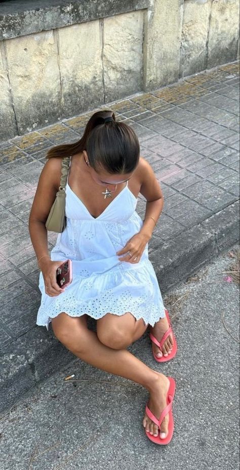 Summer Beach Dress Aesthetic, Summer Beach Ruffle Mini Dress, Vacation Backless Sundress (beach Style), Matilda Djerf Flip Flops, Coquette Sleeveless Mini Dress For Summer, Stockholm Style Summer, Copenhagen Vibes, Stockholm Style, Summer Beach Outfit