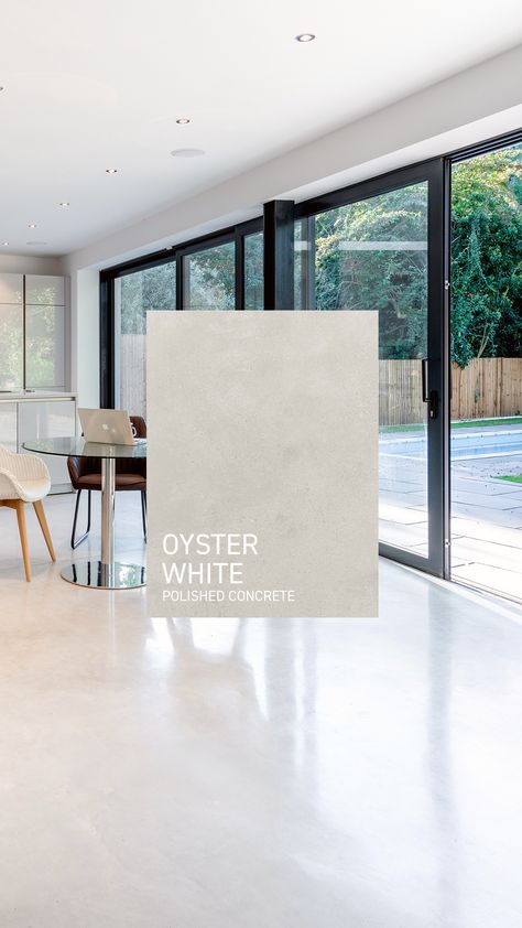 Oyster White just oozes luxury. Stylish and welcoming, this iconic polished concrete colour makes a stunning first impression for any space and it’s ideal where reflected light is needed for brightness. Quintessentially contemporary, it works well with a wide range of complementary tones, such as wood and steel. / #architecture #interiordesign #homeideas Light Gray Concrete Floors, White Concrete Flooring, Light Tan Concrete Floors, White Kitchen Polished Concrete Floor, Off White Concrete Floors, Concrete Japandi, Polished Concrete Floor Living Room, White Polished Concrete Floor, Modern Concrete Floors