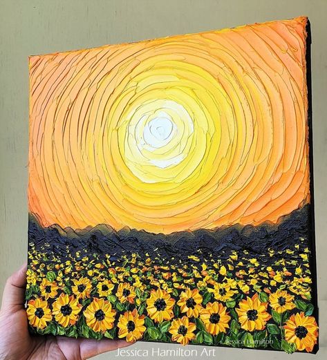 Painting Ideas On Canvas For Wall Decor, Fall Color Paintings On Canvas, Sunflower Painting Ideas Easy, Sunflower Knife Painting, Art Knife Painting, Palet Knife Art, Diy Painting Gifts, What To Draw With Watercolors, Impasto Painting Ideas