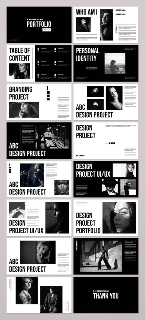 featuring bold typography, graphic design, and illustration. A mix of personal and client work. See more at [portfolio 3 Image Layout, Black And White Portfolio Design, Graphic Designer Portfolio Template, Powerpoint Portfolio Design, Portfolio Design Marketing, Black Portfolio Design, Portfolio Design Presentation, Graphic Design Web Portfolio, Graphic Design Student Portfolio