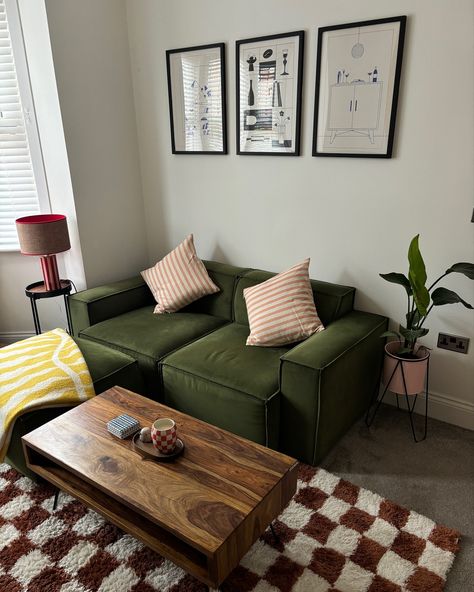 Home 🏡♥️ Locker gifted from @roseandgreyinteriors ✨ Living Room Inspo Green Sofa, Living Room Inspiration Carpet, Green Couch Studio Apartment, Green Sofa Apartment, How To Style Green Sofa, Living Room Inspo Green Couch, Green Sofa Lounge, Green Sofa Rug, Sofa Green Living Room