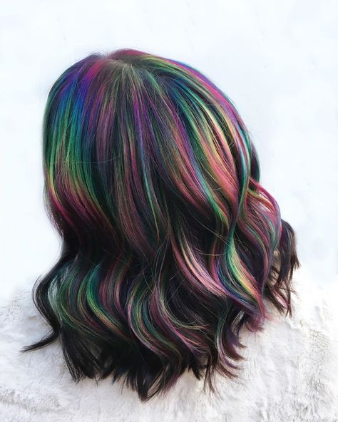 The Rainbow Hair Artist on Instagram: “This one has been sitting in my camera roll for a couple of weeks now, I’m loving how popular this look has been with my clients lately 😍🌈…” Peacock Hair Color, Oil Slick Hair Color, Oil Slick Hair, Slick Hair, Peacock Hair, Rave Hair, Hair Color Underneath, Medium Brown Hair, Rainbow Hair Color