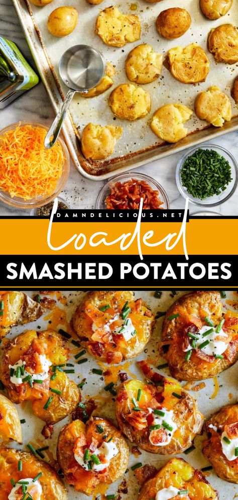 Learn how to make Loaded Smashed Potatoes! This easy appetizer is a game day recipe you don't want to miss. Topped with sour cream, bacon, and chives, these bite size baked potatoes are a perfect football party food. Save this snack idea! Loaded Smashed Potatoes, Potato Appetizers, Crispy Smashed Potatoes, Mini Potatoes, Bowl Party Food, Potato Bites, Loaded Baked Potatoes, Superbowl Party Food, Smashed Potatoes